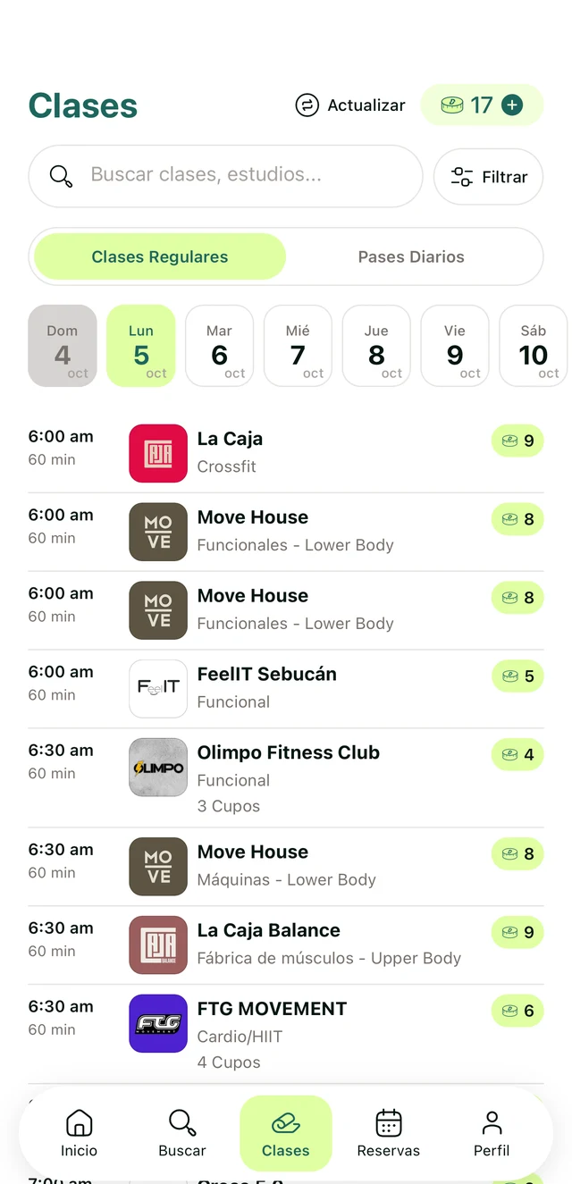 Clases disponibles en la app de Dooit